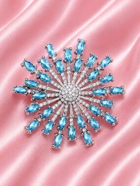 Silver Blue Crystal Starburst Brooch